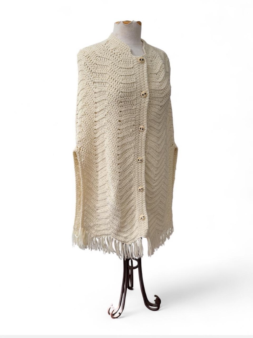 Vintage 70s Boho Cream Chevron Crochet Fringe Cape Poncho OS